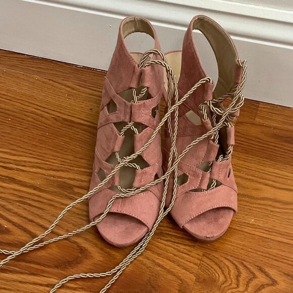 Missguided Suede Peep Toe Lace Up Tassel Heel Sandals Size 3US Pink - Picture 2 of 3